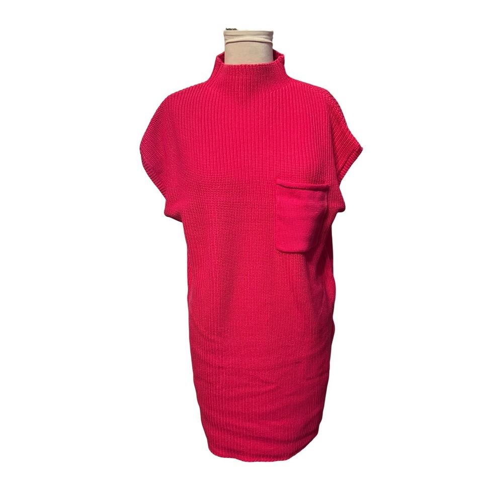 Zenana Hot Pink Mock Neck Ribbed Knit Sweater Dress Sleeveless Pocket medium